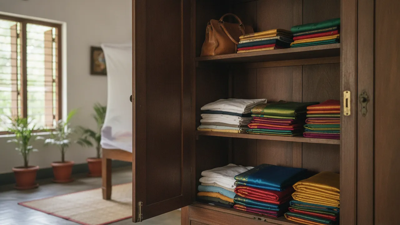 An open teak almirah holding folded silk sarees, cotton clothes and a leather handbag