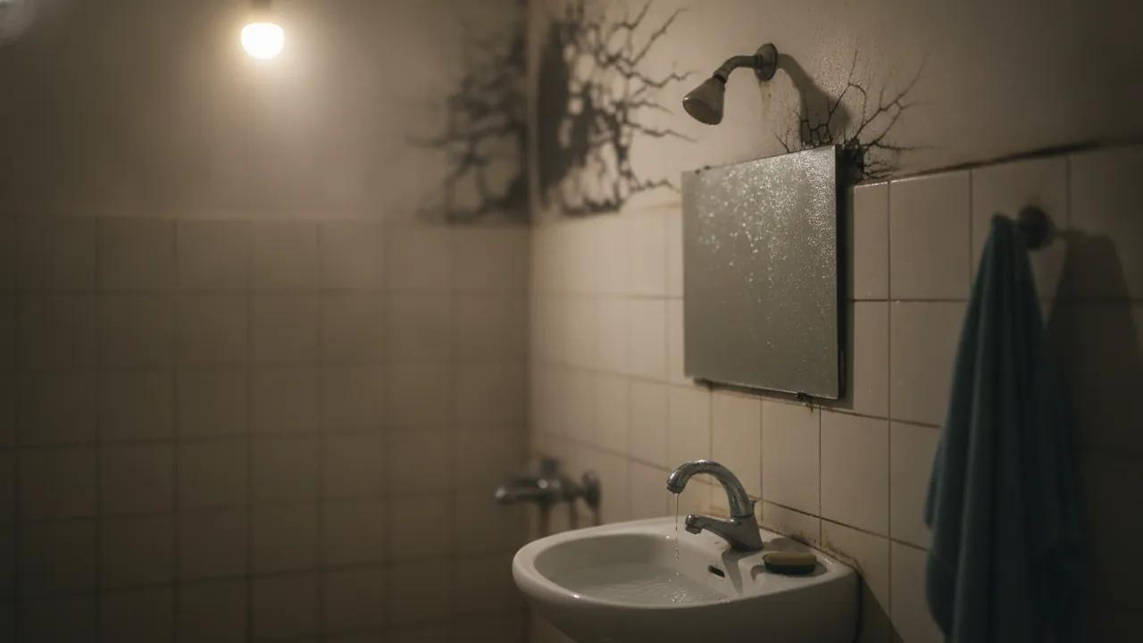 A small steamy bathroom with black mould in the tile grout and spreading across the ceiling corner