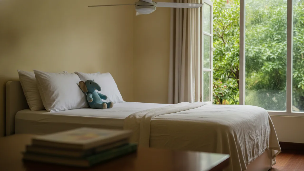 A child’s bedroom in a Colombo home with white pillows and a soft toy on the bed, morning light after rain