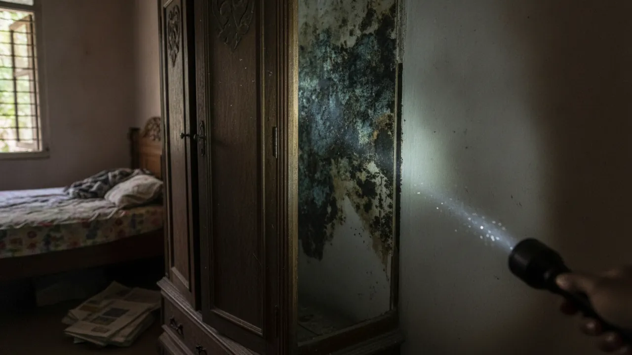 A wardrobe pulled away from a bedroom wall revealing a large black and green mould colony lit by a torch