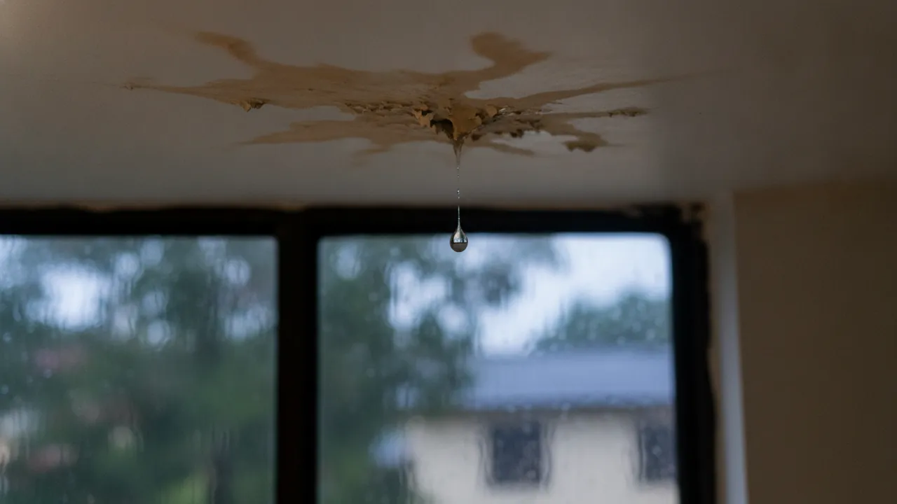 A brown water stain spreading across a ceiling corner with a droplet about to fall, rain on the window below