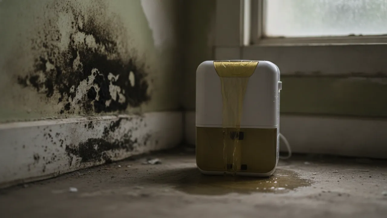 A small cheap plastic dehumidifier with a cracked, overflowing tank in a damp corner beside spreading black mould