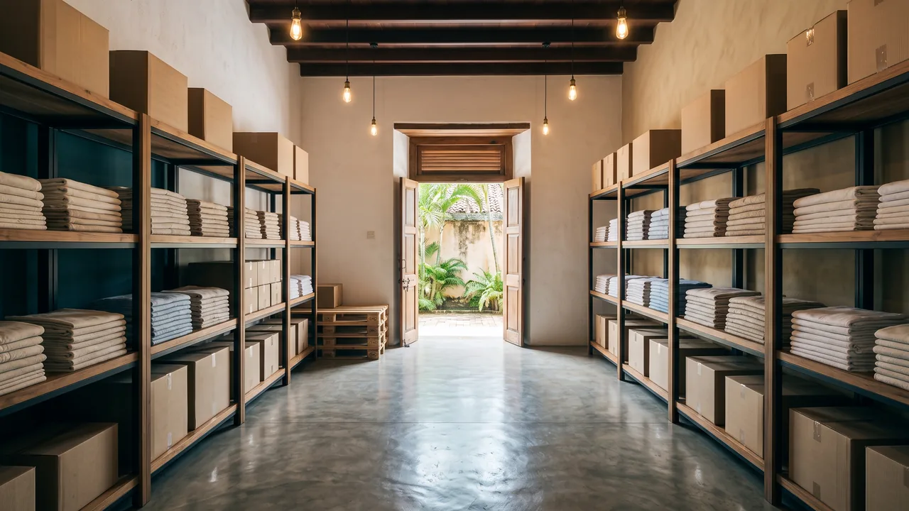A stockroom of shelved goods with its doors open to the humid outdoors