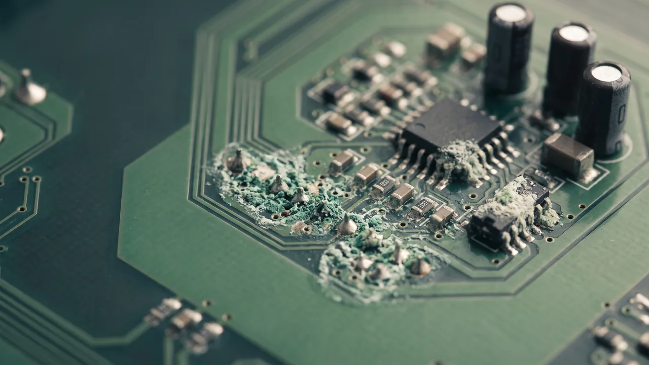 Corrosion eating into the components of a circuit board
