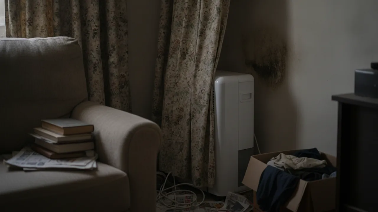 A dehumidifier squeezed into a cluttered corner behind a sofa and curtain, with a damp patch on the wall above it