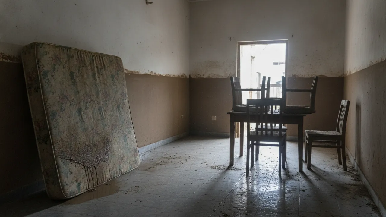 Inside a house after floodwater receded, a muddy tide-line on the walls and a soaked mattress propped up