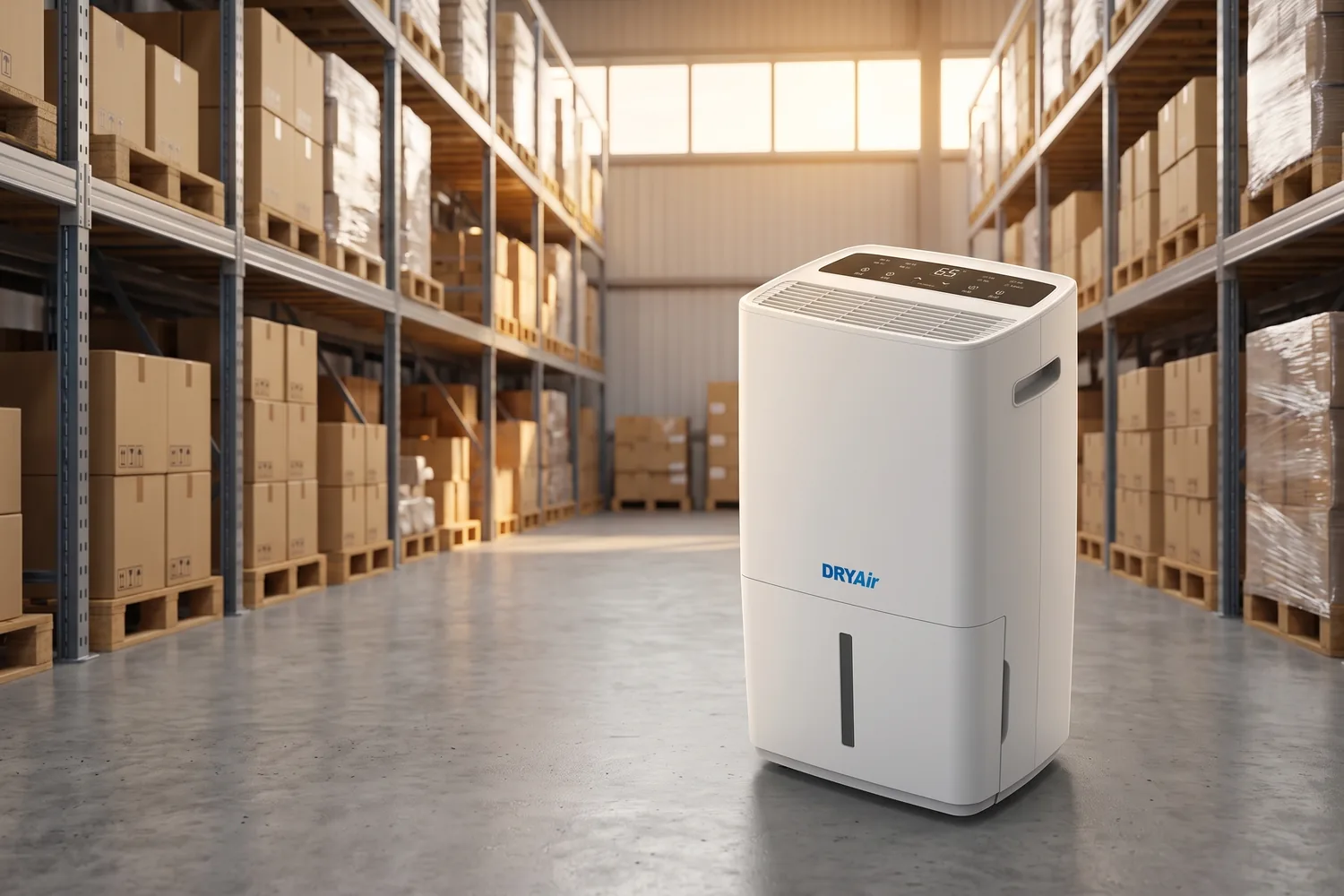 A DRYAir dehumidifier standing in the aisle of a warehouse with tall shelves of boxed stock