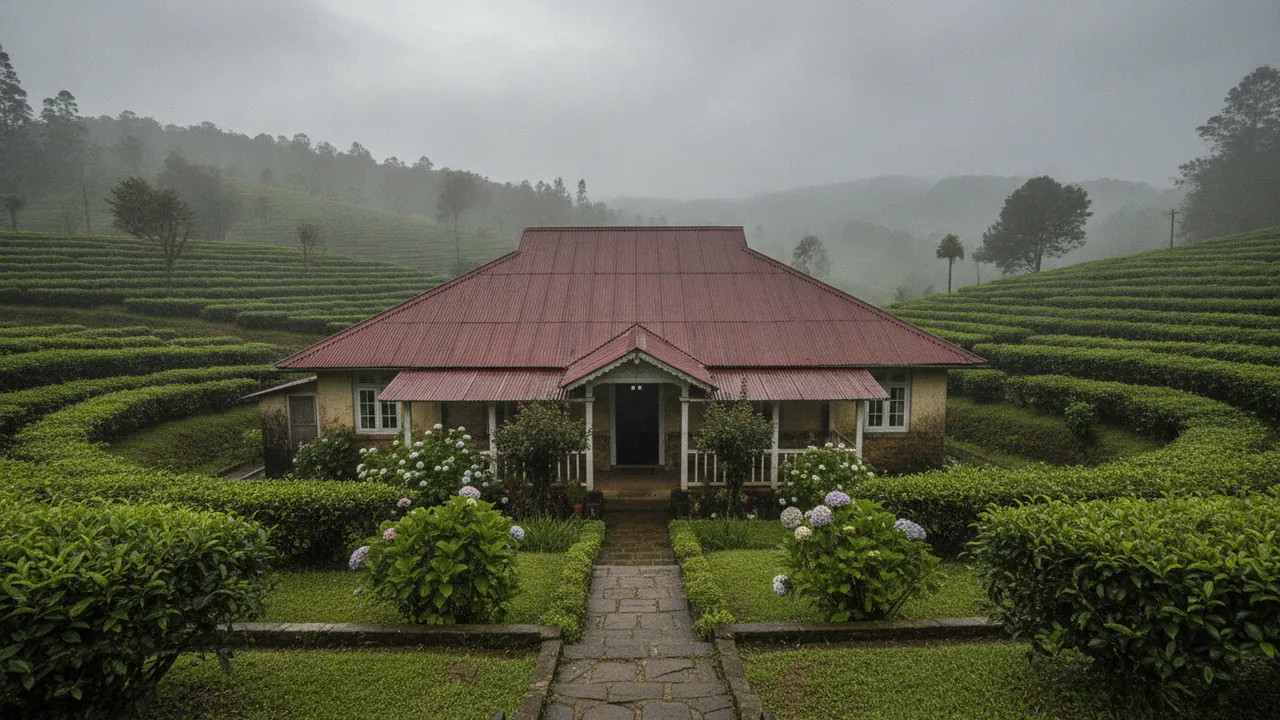 A red-roofed bungalow among tea bushes in the Nuwara Eliya hills, wrapped in afternoon mist