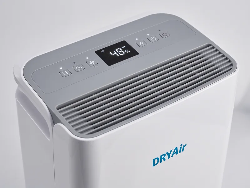 Control panel of a DRYAir dehumidifier showing the room at 48% humidity