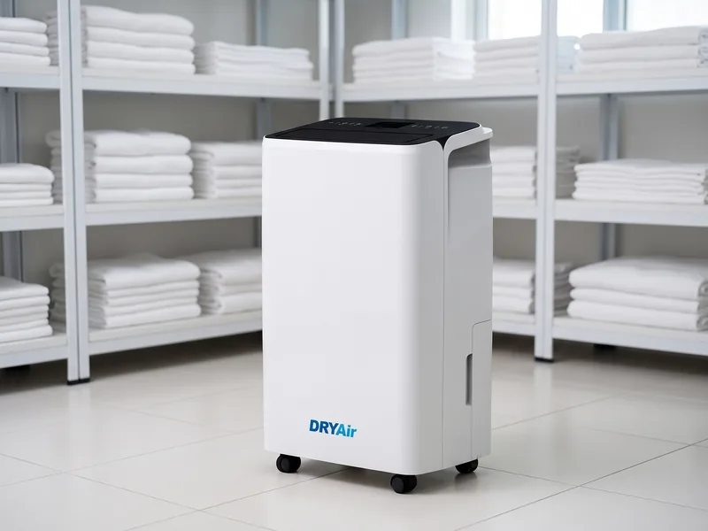 A DRYAir dehumidifier in a hotel linen room stacked with fresh white towels