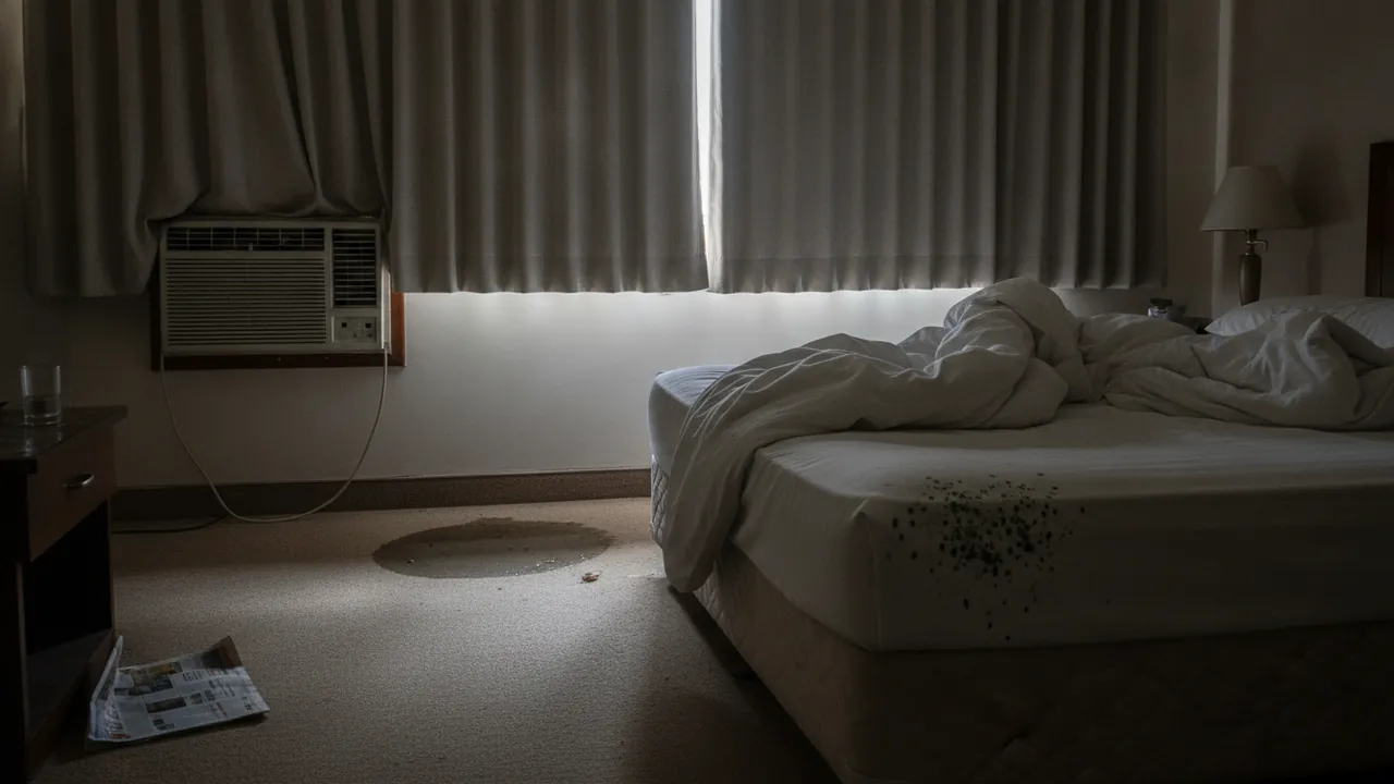 A dark hotel room with drawn curtains, a damp patch on the carpet under the AC unit and mould specks on the bedding