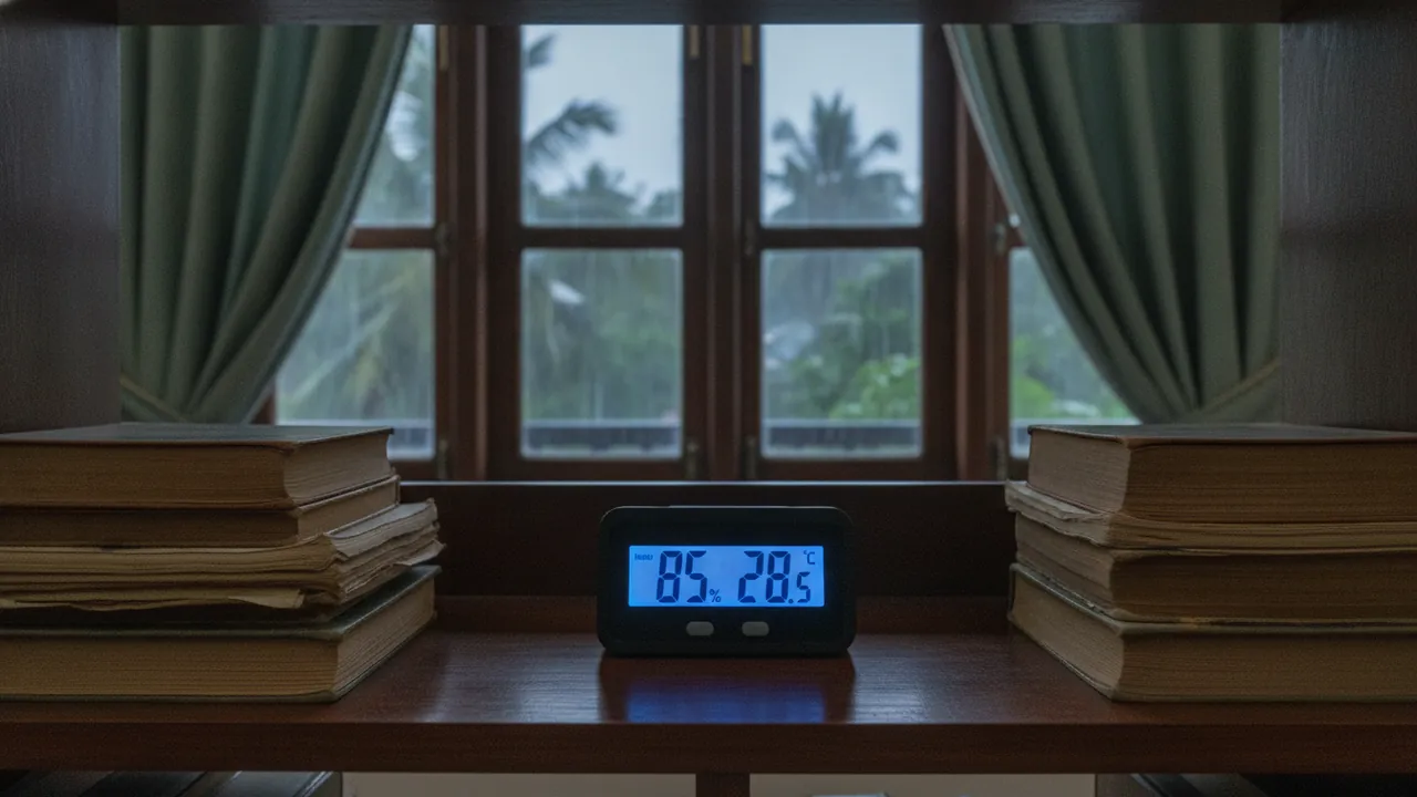 A digital hygrometer on a bookshelf glowing with a high humidity reading, rain on the window behind