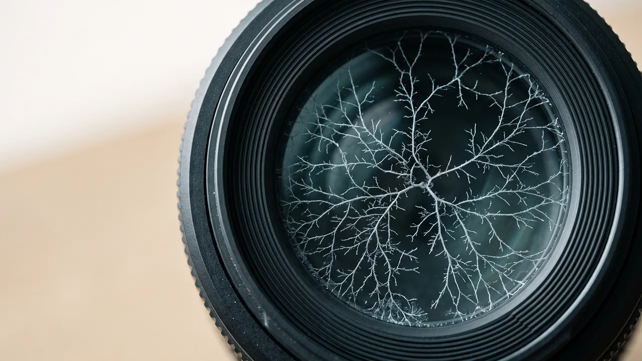Fungus threads spreading across the glass of a camera lens