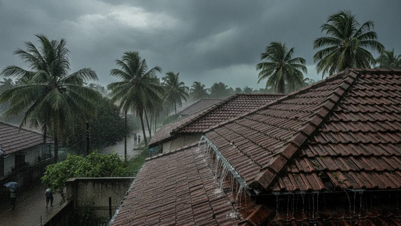 Monsoon rain pouring off the tiled roofs of houses in a Colombo suburb, palms bending in the wind