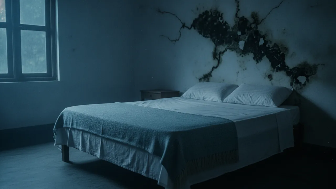 A dim bedroom at night with black mould spreading across the wall above the bed