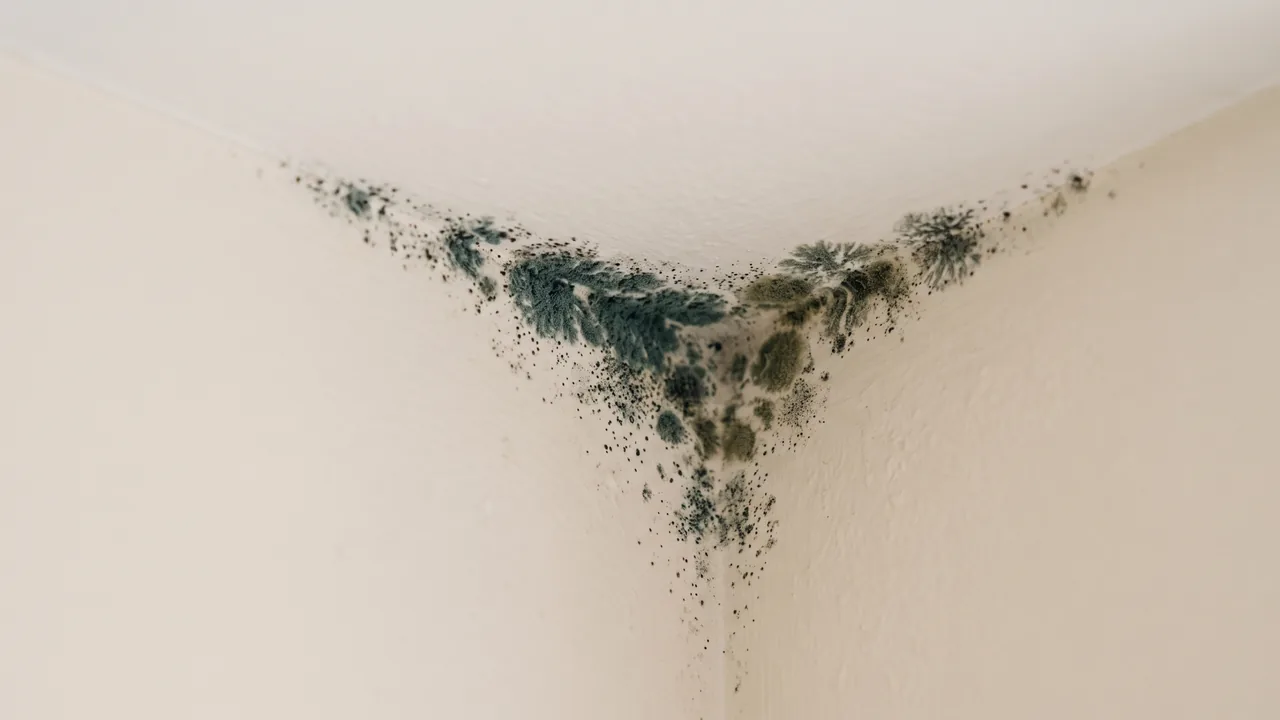 Black mould spreading out from the corner where two walls meet the ceiling