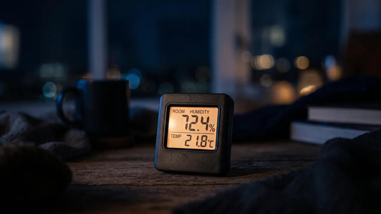 A digital hygrometer on a bedside table at night, reading 72.4% humidity