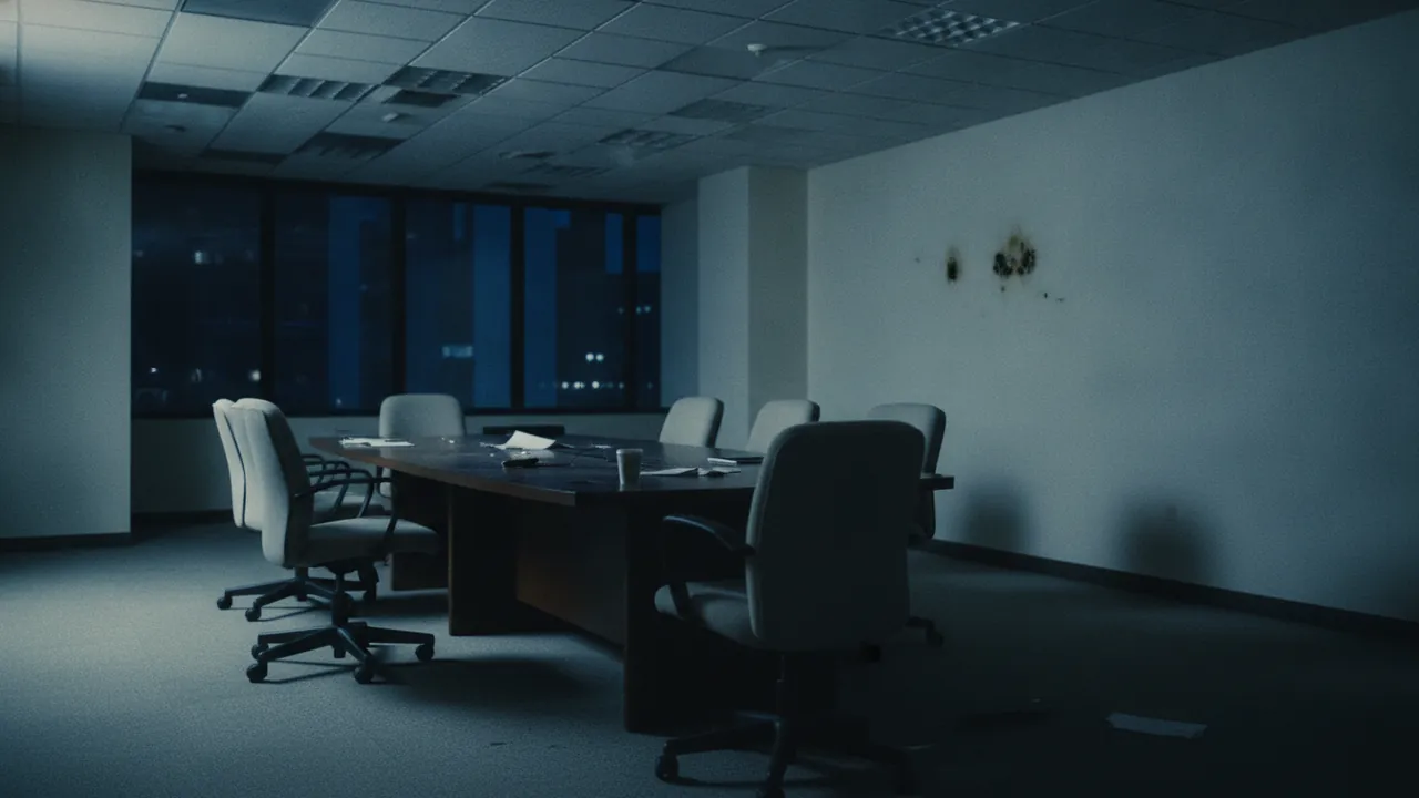 An empty office meeting room after hours with stained ceiling tiles and dark mould spots on the wall