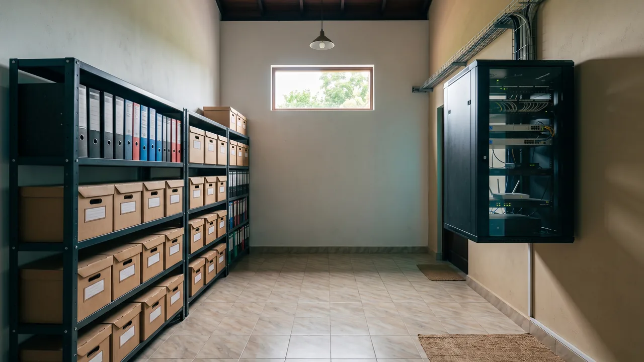 An office records room lined with shelves of box files and a wall-mounted server cabinet