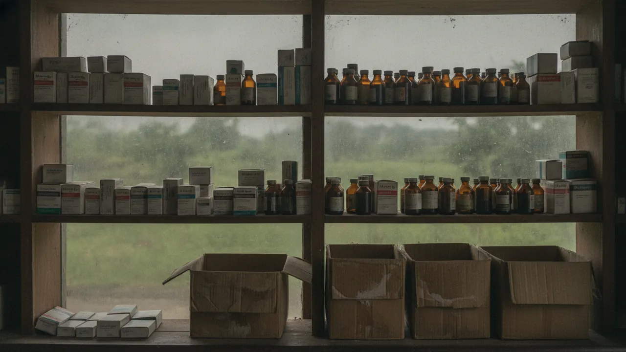 Shelves of medicine boxes and bottles in a small pharmacy, a few cartons water-stained, a sweating window behind