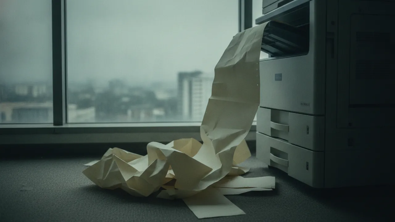 An office photocopier with curled, jammed paper spilling out of the tray onto the floor