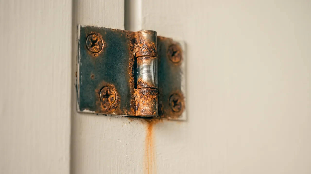 A rusted hinge with rust stains running down a wall