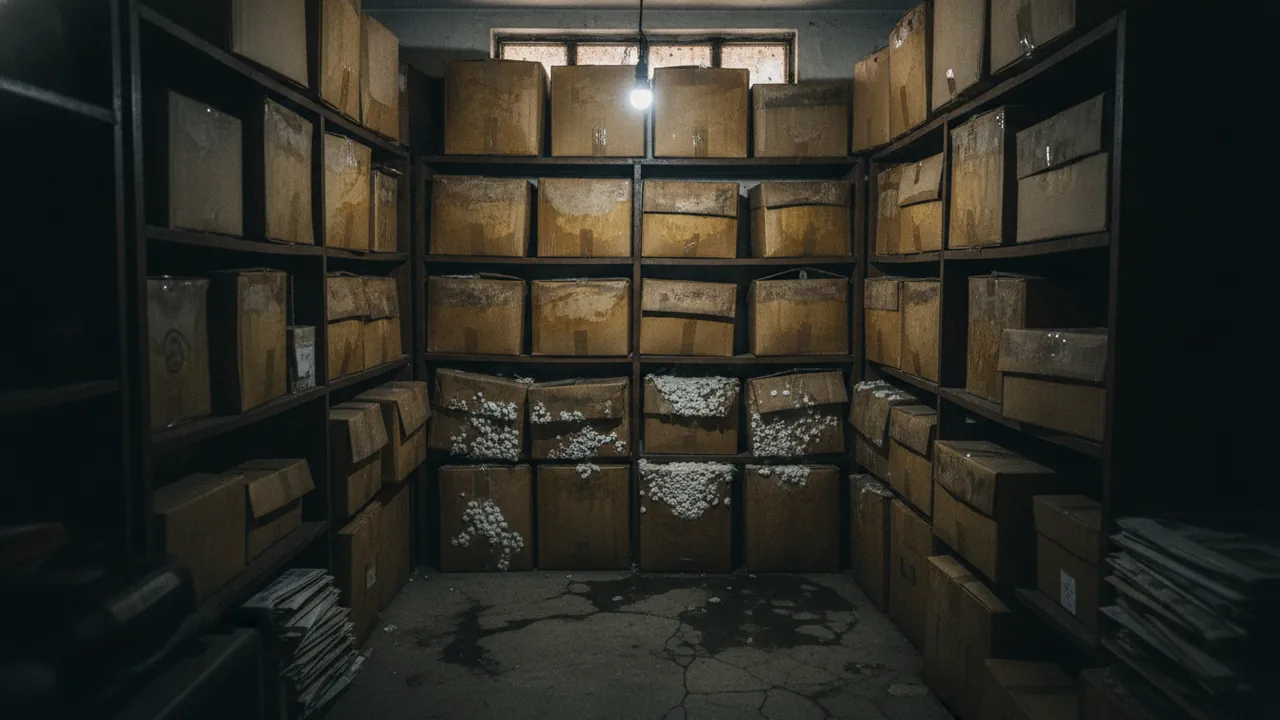 A dim shop storeroom with water-stained, sagging cardboard boxes and white mould spots on the shelves