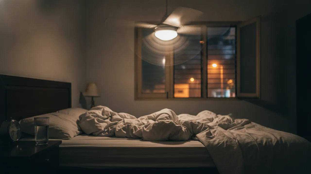 A rumpled, sweat-damp bed in a warm bedroom at night with a ceiling fan turning