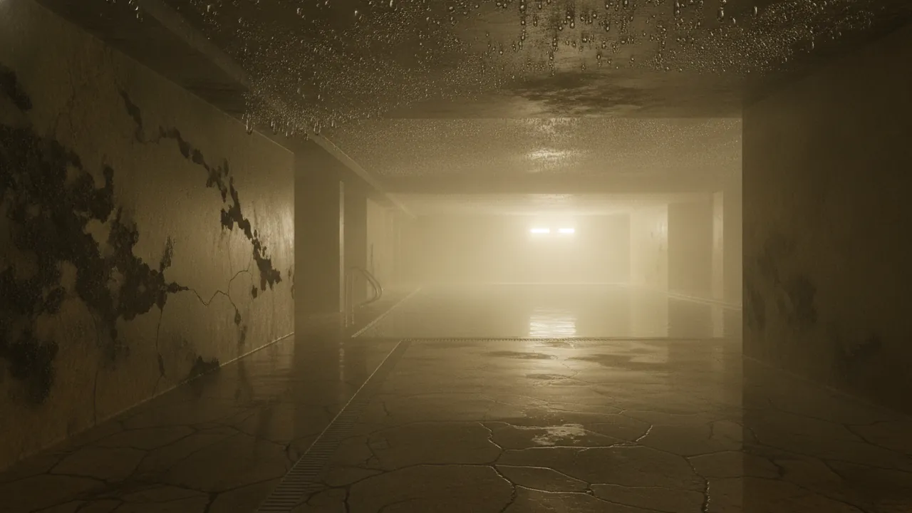 A steamy hotel spa corridor with condensation on the ceiling, mould spots along the edges and a wet reflective floor