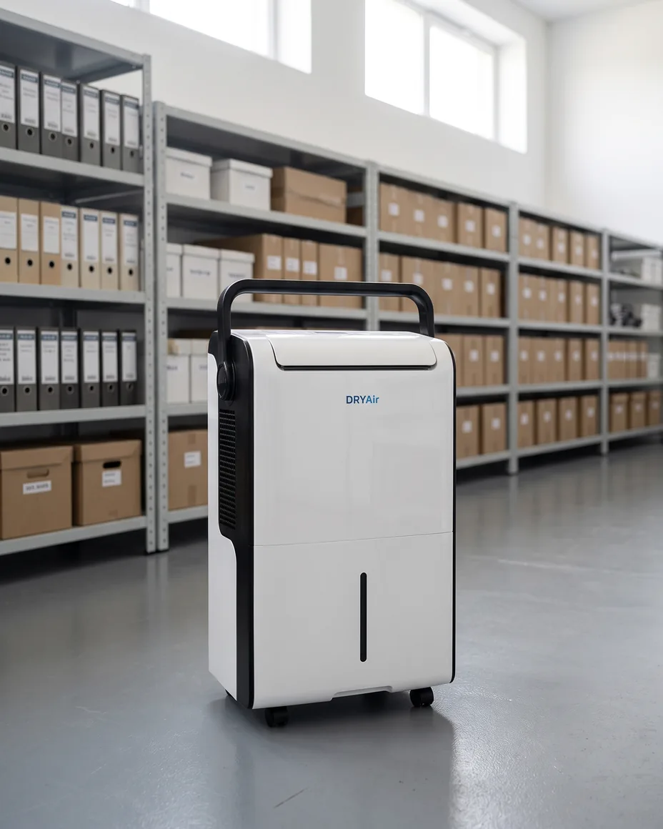 A DRYAir DA-35L dehumidifier on the floor of a storeroom lined with shelves