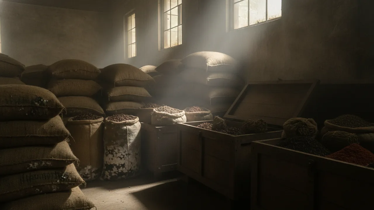 A dim warehouse of jute sacks and wooden chests, some sacks stained with damp and white mould at the base