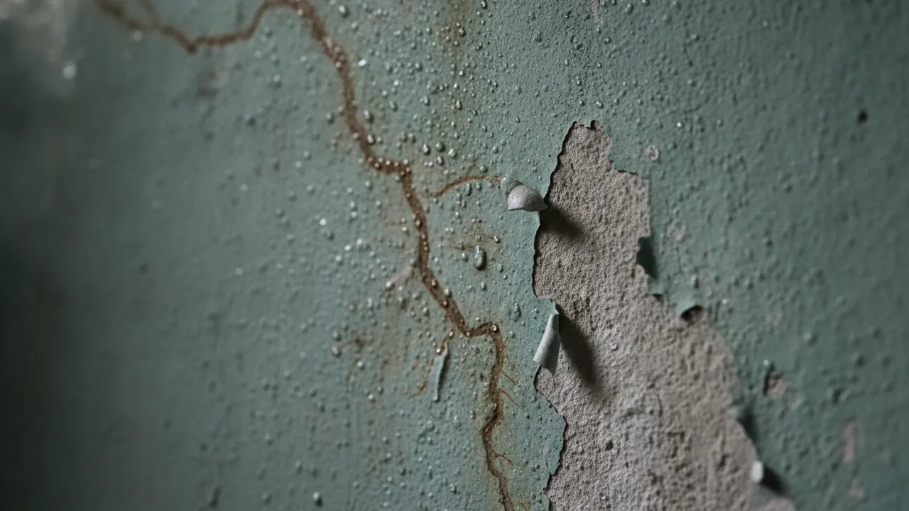 Close-up of a damp plaster wall with beads of moisture, a brown water stain and paint peeling away