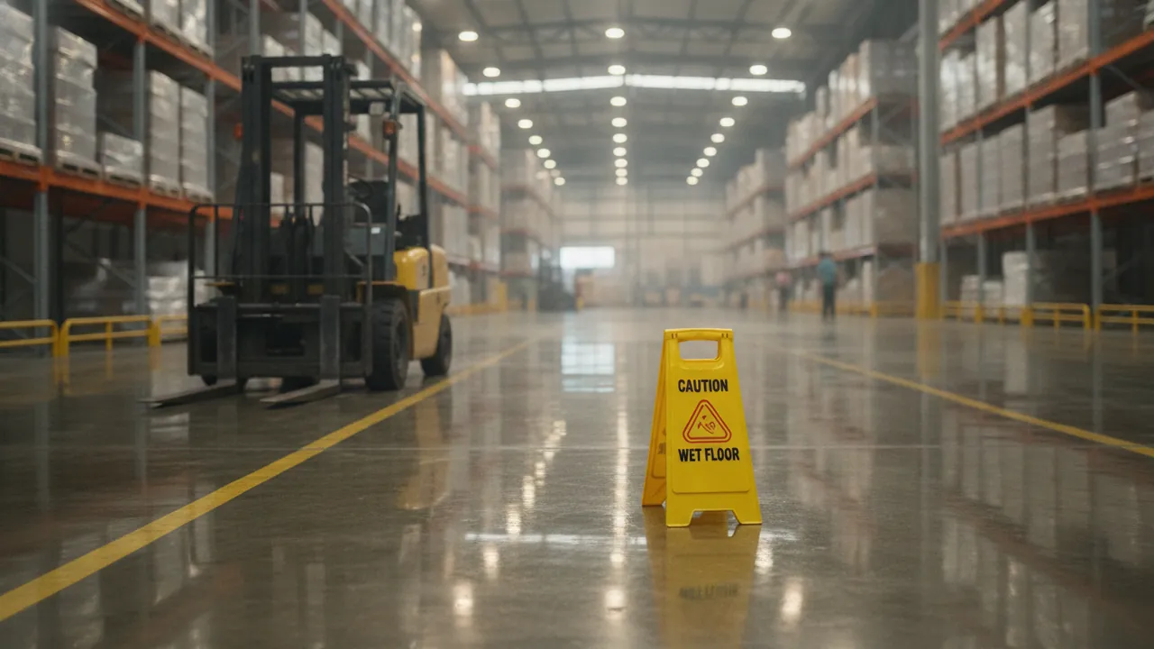 A warehouse concrete floor shining wet with condensation, a yellow wet-floor sign and a forklift among tall racking
